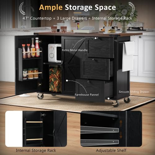 Bellemave Kitchen Island with Storage Cabinet on Wheels, 53.5'' Mobile Kitchen Cart with Power Outlet, Drop Leaf, Spice/Towel Rack and Drawer