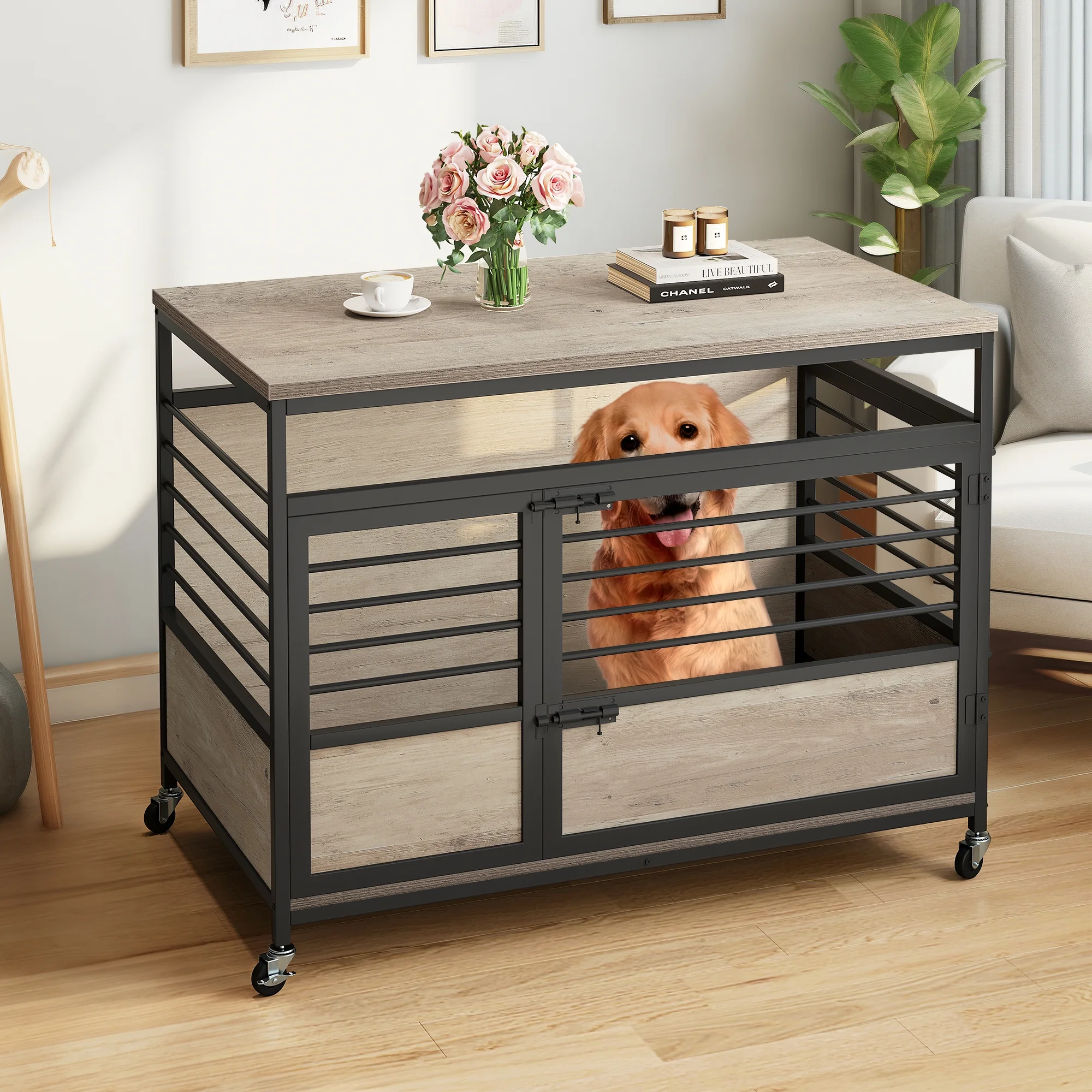 Dextrus Dog Crate Furniture with Wheels, 39.4 inch large Wooden Indoor Dog Kennel with Divider Room, End Table