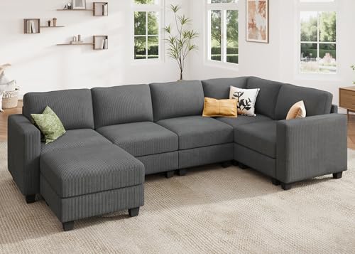 HONBAY Corduroy Modular Sectional Couch with Storage L-Shaped Sectional Couches for Living Room 6 Seater Modular Sofa, Dark Gray