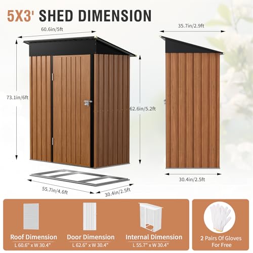 Outdoor Storage Shed, 5x3 Ft Metal Steel Tiny House with Lockable Door, Vertical Outside Storage Building for Garden, Backyard, Lawn, Patio Utility