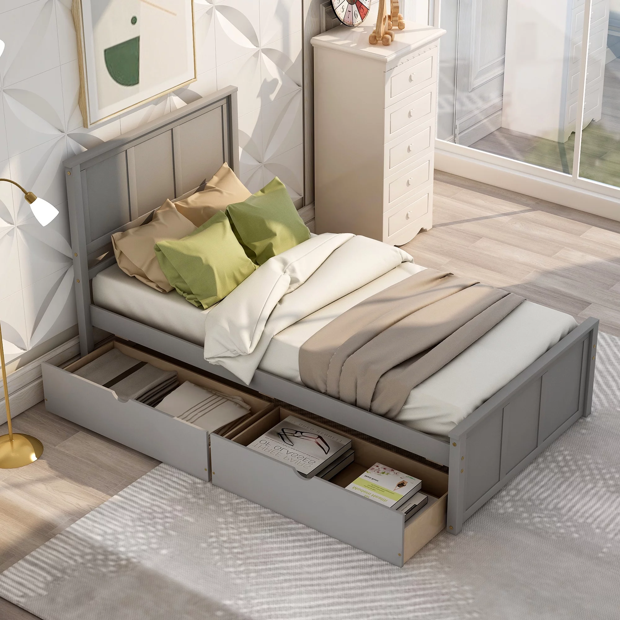 Platform Bed with Storage, Twin Size Bed Frame No Box Spring Needed, Wood Platform Beds with Headboard and Two Drawers