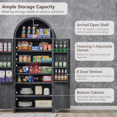71" Tall Arched Kitchen Pantry, Modern Fluted Wood Storage Cabinet with Doors, 3 Adjustable Shelves, 6 Door Shelves, Organizer