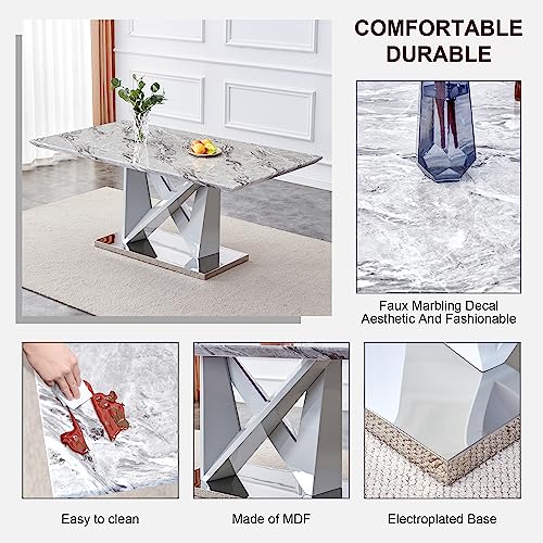 Pvillez 63" Marble Dining Table Set for 6, Modern Dining Room Kitchen Table with 1.57" Faux Marble Top & 6 PU Leather Upholstered Dining Chairs