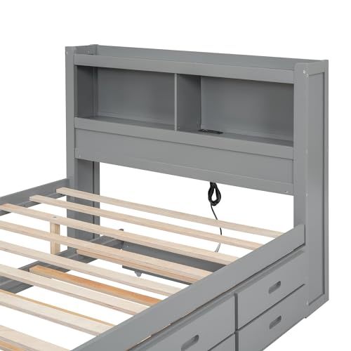 Full Size Storage Bed with Bookcase Headboard and Trundle, Wood Platform Bed Frame with Charging Station