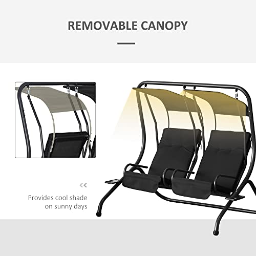 Outsunny Patio Swing Chair with 2 Separate Seats, Outdoor Swing with Removable Canopy and Cup Holders for Porch, Garden, Poolside, Backyard, Gray
