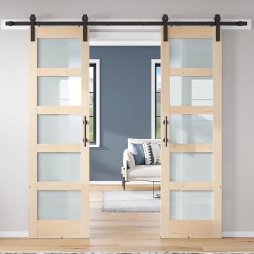 42x84 inch Glass Sliding Barn Door Slab with 7ft Hardware Kit Included, 5-Panel Frosted Glass, Spruce Wood Support DIY Dyeing, Easy Assembly