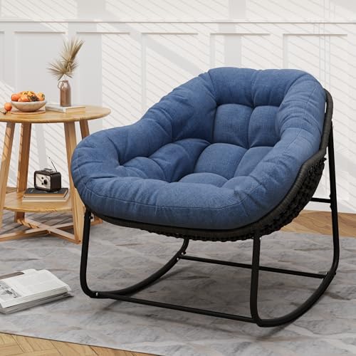 Outdoor Indoor Rocking Chair, Patio Wicker Egg Chair, Indoor & Outdoor Comfy Oversized Papasan Chair with Padded Cushion