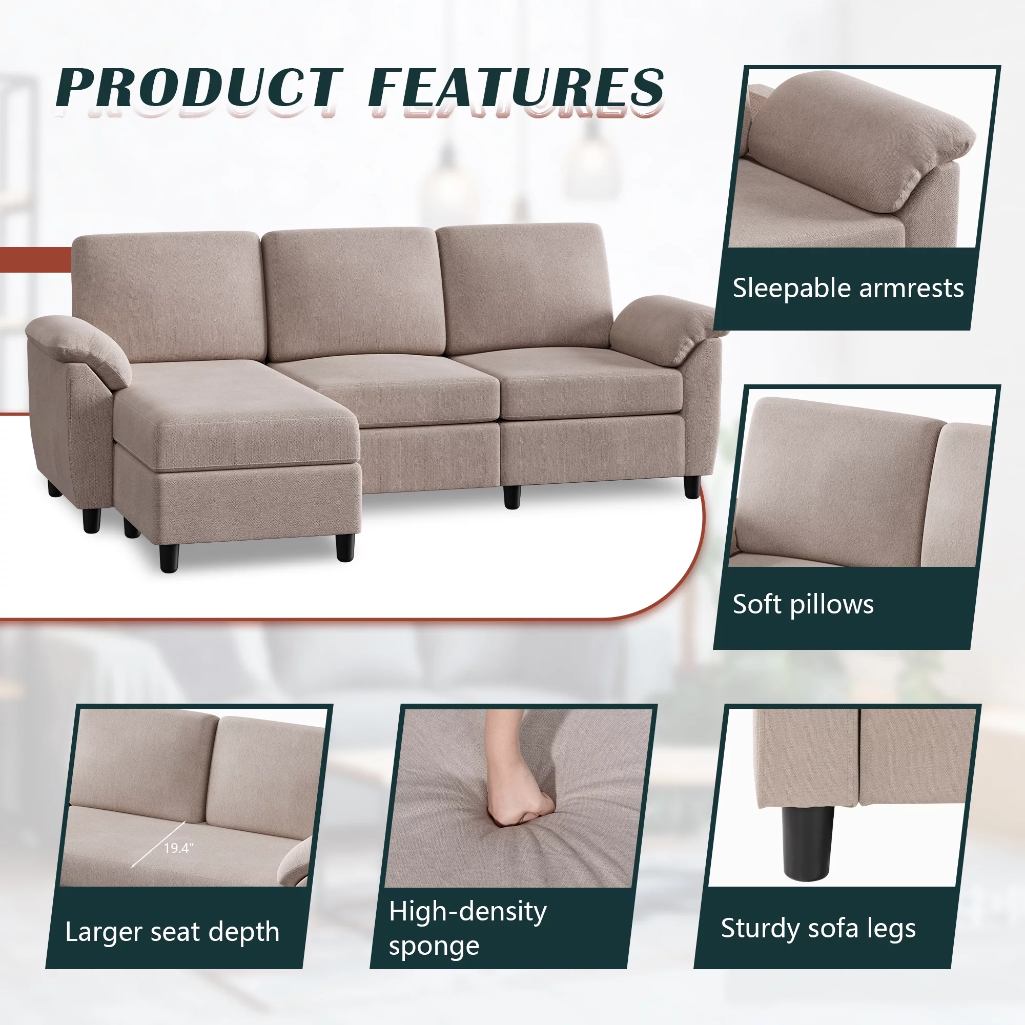 Walsunny 79 Convertible Sectional Sofa Couch,Linen Fabric L Shaped Sofa with Removable Pillows Dark Gray