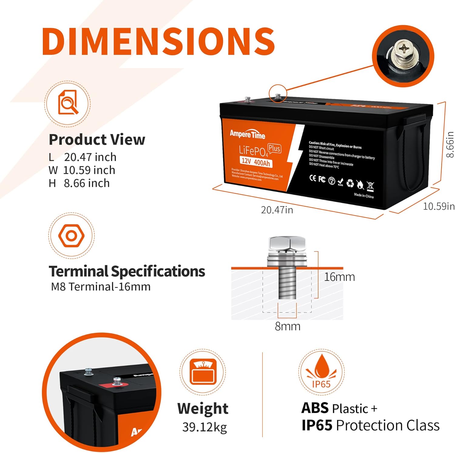 Ampere Time 12V 400Ah Deep Cycle LiFePO4 Battery Pack, with Built-in 250A BMS, Longer Runtime with 5.12kWh, 4000+ Cycle, Perfect for Solar System, RV