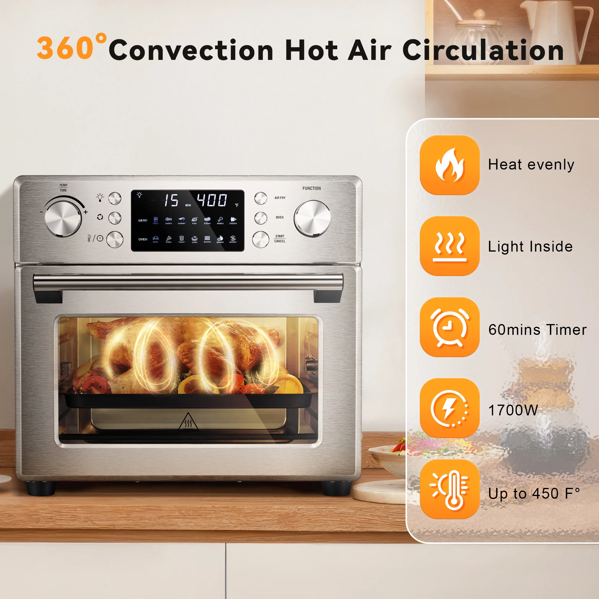Besttey 26.4 QT Countertop Oven 1700W Stainless steel Convection Oven 14-in-1 Air Fryer, New