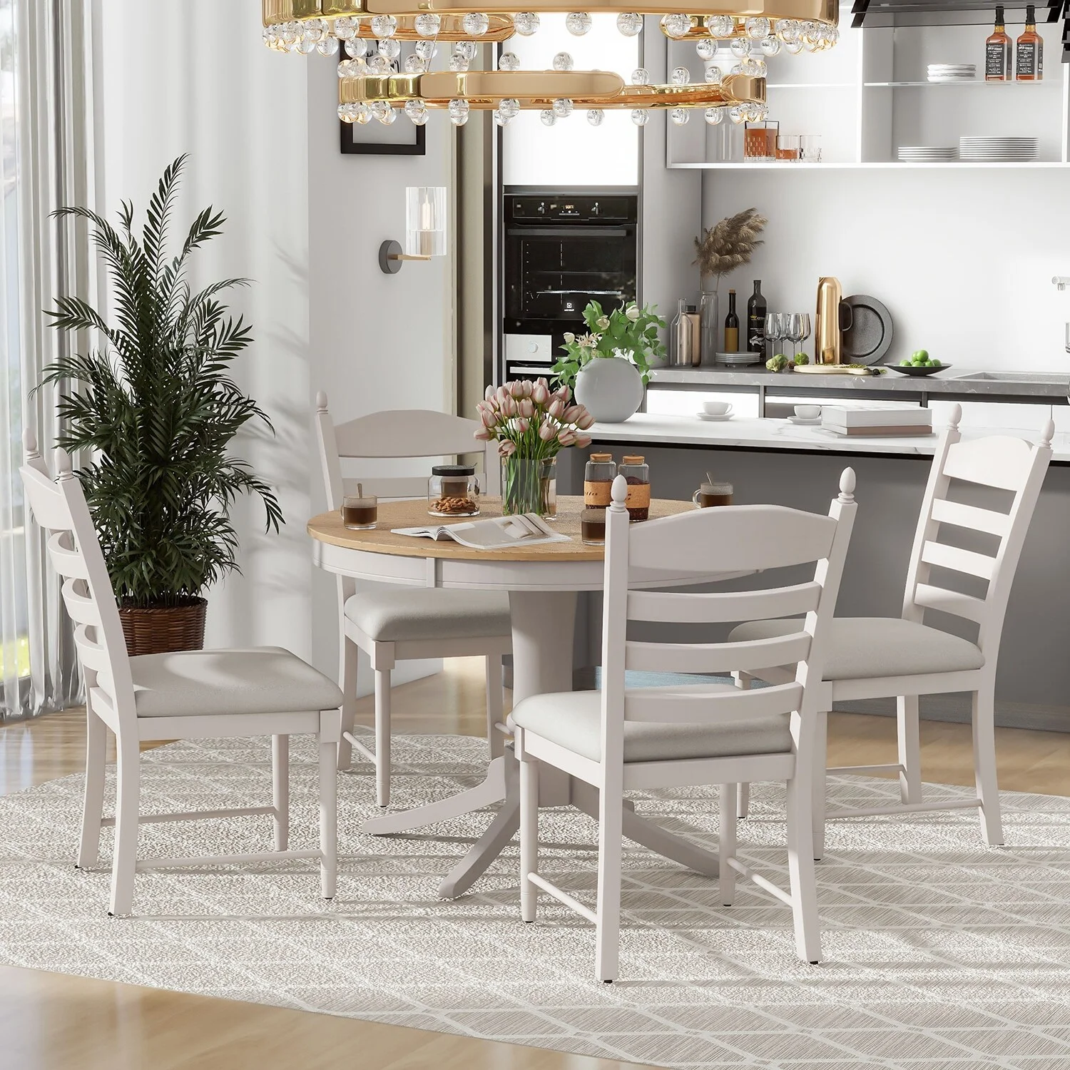 5-Piece Dining Table Set,Extendable Table and 4 Upholstered Chairs Natural+White