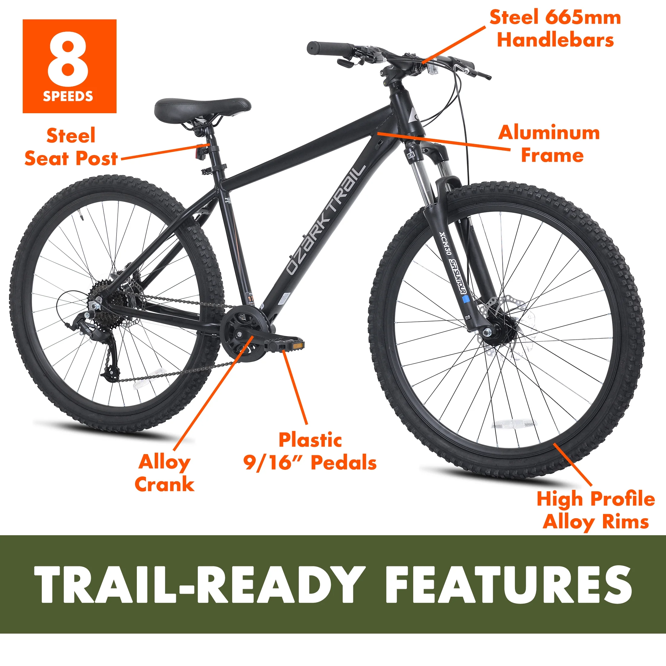 Ozark Trail 27.5 Vibe Mountain Bike, Medium Frame, Black, Adult, Unisex