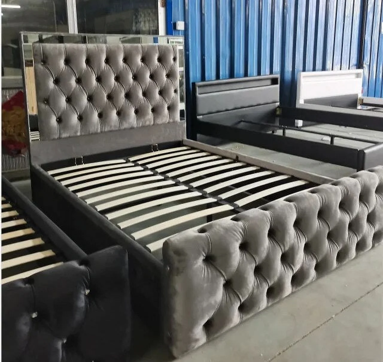 Headboard with Mirror Crystal Luxury Double Queen King Ottoman Gas Lift Velvet Fabric Upholstered Bedroom Furniture