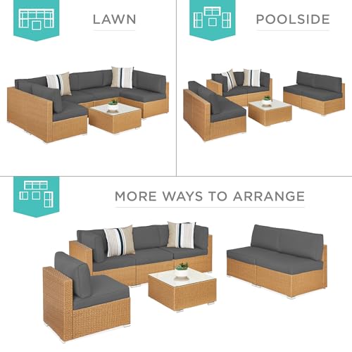 Best Choice Products 7-Piece Modular Outdoor Sectional Wicker Patio Conversation Set w/ 2 Pillows, Coffee Table, Cover Included - Gray/Navy