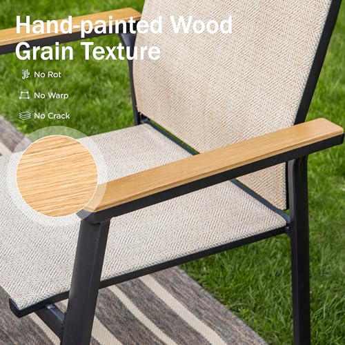 PHI VILLA Outdoor Stackable Dining Chairs Set of 6（Beige,Lightweight Aluminum Frame with Textilene Fabric & Wider Armrest,Easy to Store