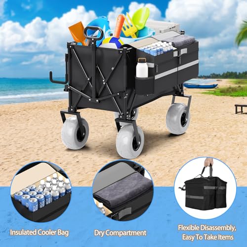 Beach Wagon with Big Wheels for Sand,Heavy Duty Collapsible Wagon with All-Terrain 9" Pneumatic Tires and Detachable Cooler