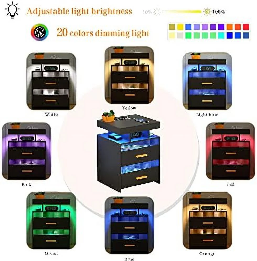 Nightstands Set of 2 with Charging Station  Smart Beside Table with 2 Drawers &amp; Touch Control LED Lights