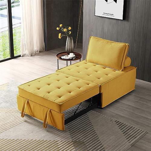 Senviy Convertible Sofa Bed with Pillow and Button Tufted, Pull-Out Sleeper Single Sofabed Leisure Sofa Chair Linen Fabric for Office, Living Room