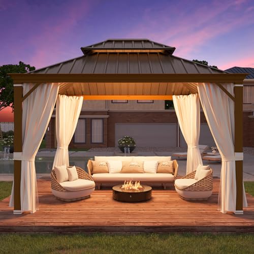 YOLENY 10' x 12' Hardtop Gazebo, Metal Gazebo with Aluminum Frame, Double Galvanized Steel Roof, Curtains and Netting Included