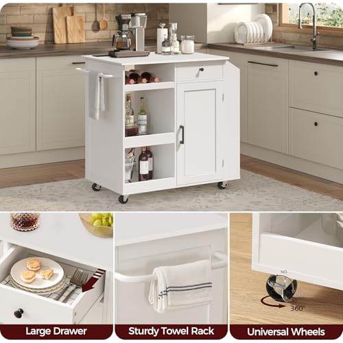 Kitchen Island with Power Outlet, Kitchen Storage Island with Drawer, Rolling Kitchen Cart on Wheels, Spice Rack, Towel Rack, Wine Rack