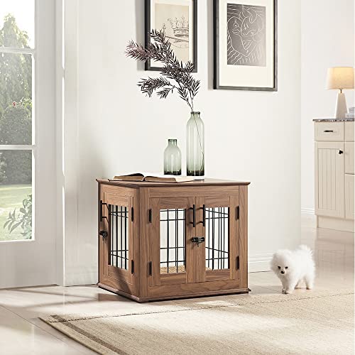 beeNbkks Furniture Style Dog Crate End Table, Double Doors Wooden Wire Dog Kennel with Pet Bed, Decorative Pet Crate Dog House Indoor Medium Large