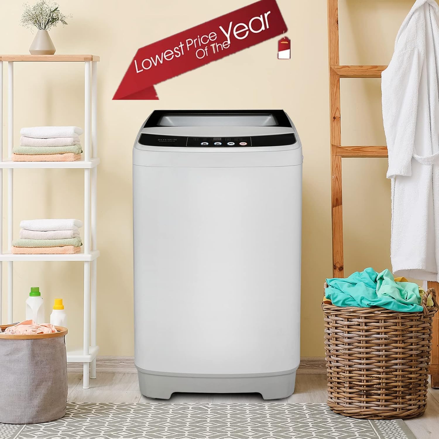 ROVSUN 13lbs Portable Washing Machine with Drain Pump, 1.32cu.ft Full-Automatic Washer with 10 Programs 8 Water Levels, Perfect for Apartments