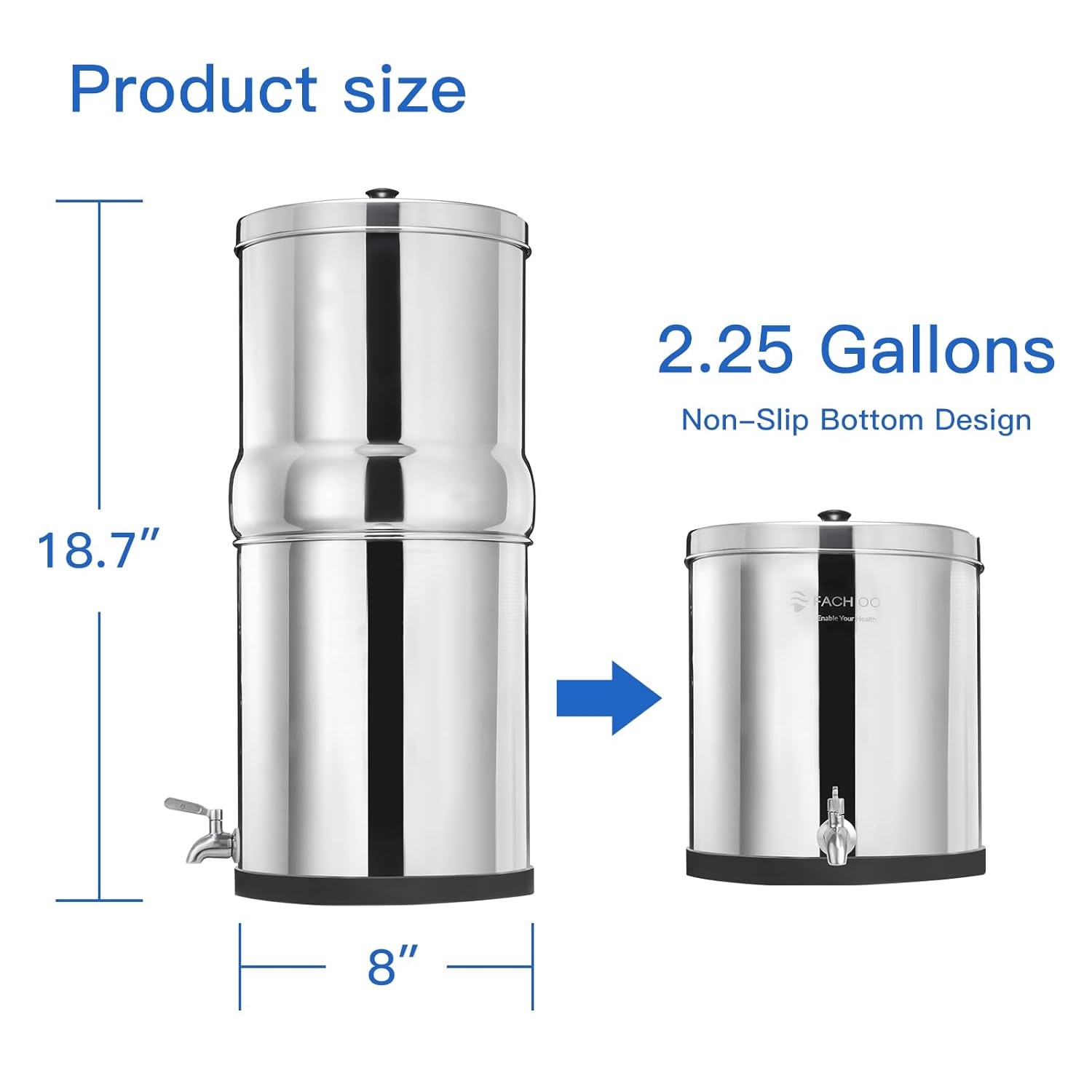 Gravity-fed Water Filter System, NSF/ANSI 42&372 Standard, 2.25G Stainless-Steel System with 4 Filters, Reduces Fluoride and Chlorine