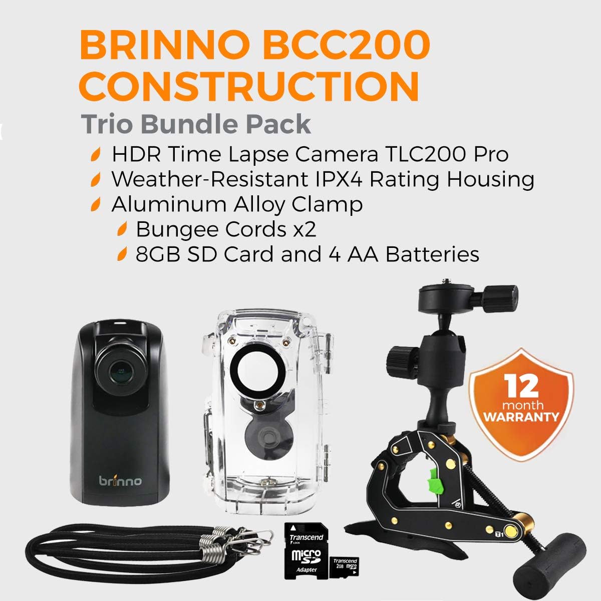 Brinno BCC200 Construction & Outdoor Security Time Lapse Camera Trio Bundle Pack Includes: TLC200 Pro Camera, Clamp, & Water-Resistant Case