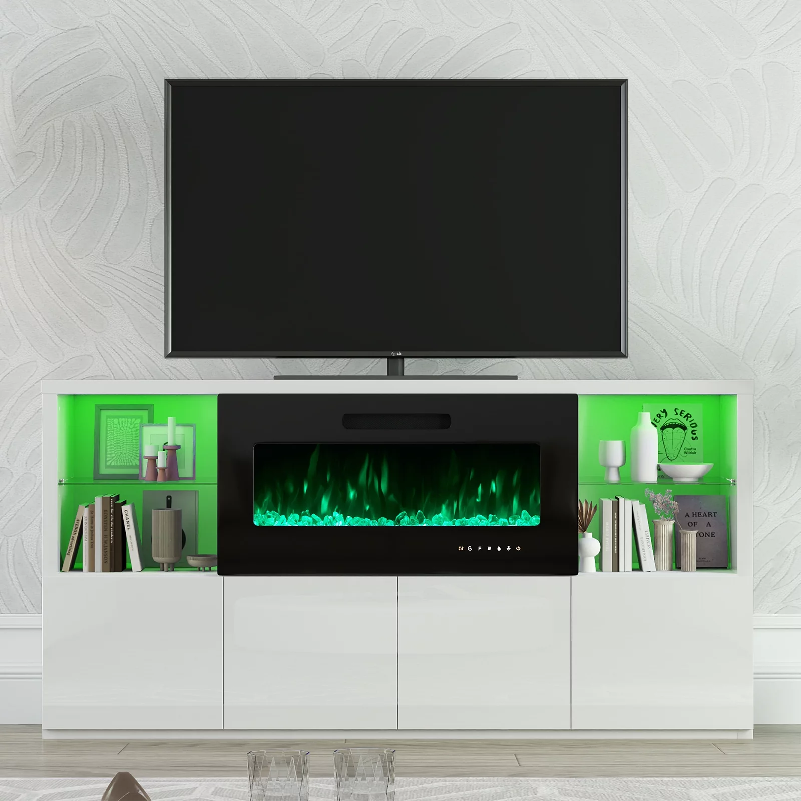 LUXOAK Electric Fireplace TV Stand for TVs up to 75", Modern High Gloss Entertainment Center with 40" Fireplace, White