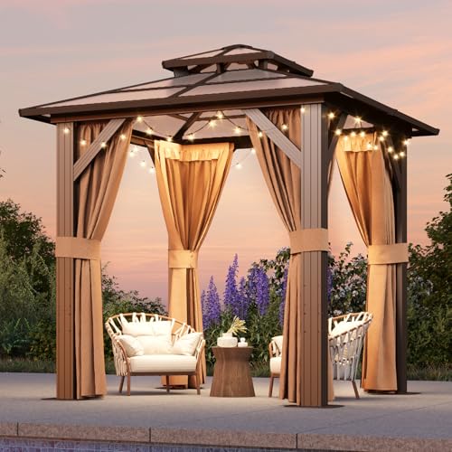 Aoxun 12'x16' Hardtop Gazebo, Aluminum Frame Permanent Pavilion with Netting and Curtains, Outdoor Polycarbonate Double Roof Canopy