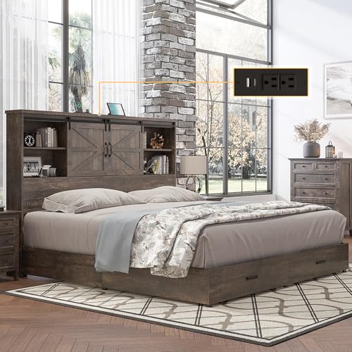 HOWE King Size Bed Frame, Wood Platform Bed Frame with 51.2" Bookcase Headboard, Storage Bed with Sliding Barn Door Charging Station 2 Drawers