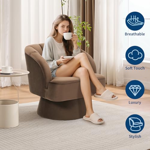 GarveeHome Modern Swivel Barrel Accent Chair, 360° Teddy Fabric Upholstered Armchair with Striped Backrest & Plush Padding