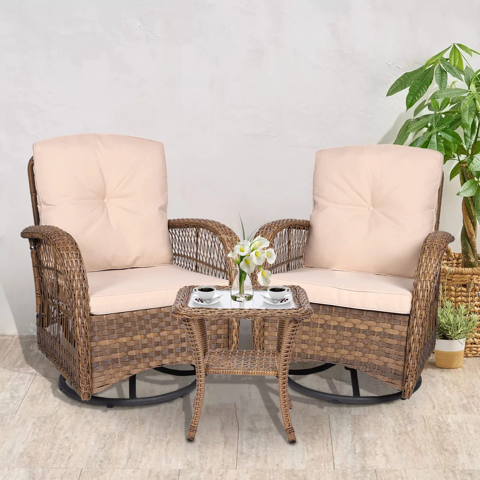 VIVIJASON 3-Piece Outdoor Conversation Bistro Set, Patio Swivel Glider Rocking Chairs Rattan Furniture Sets w/ 2 Rattan Chairs, Cushions