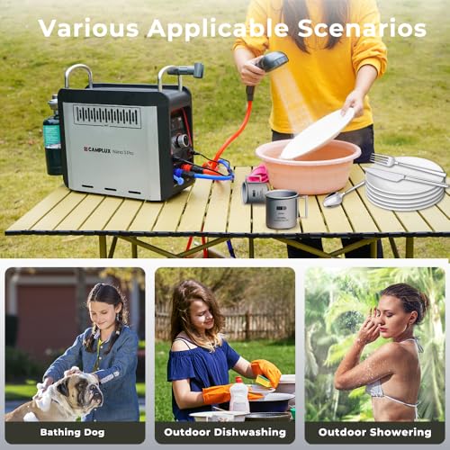 CAMPLUX Nano 3 Pro 1 lb Propane Portable Water Heater, Table Top Camp Water Heater & Shower Pump w/Built-in Battery