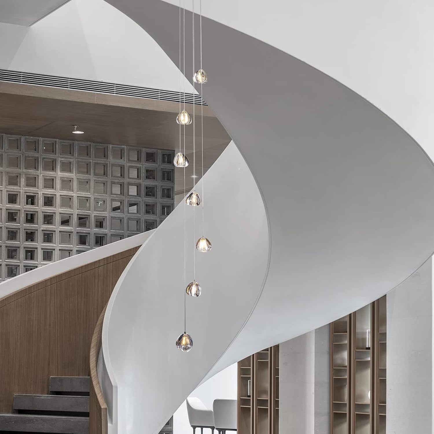 Modern Crystal Chandelier High Ceiling Long Raindrop Ceiling Light 7-Lights Large Foyer Chandelier for Staircase Living Room Entryway G4 Bulb H98.4 x