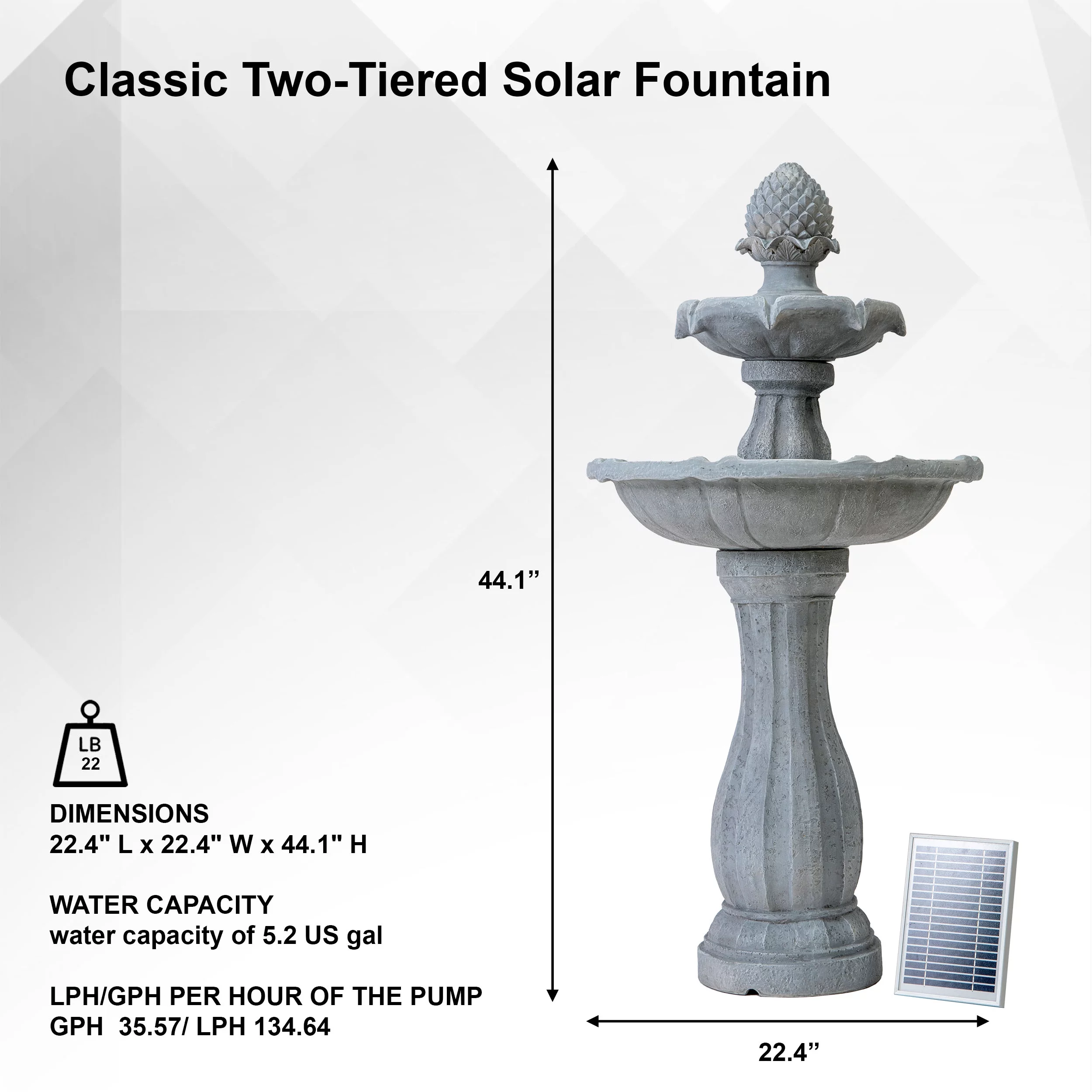 XBrand 44" H White Fiberglass/Resin 2-Tier Solar Water Fountain w/ Solar Panel and Auto-Shut Off Pump, Solar Garden Fountain, Tall Outdoor Fountain