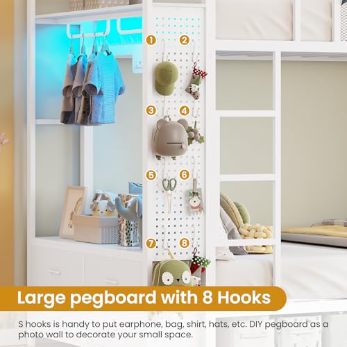 Itaar Metal Bunk Bed Twin Over Twin with Hall Tree, Power Outlet, LED Bunk Bed with 4 Storage Drawers, Bed with Safety Guardrail & Ladders