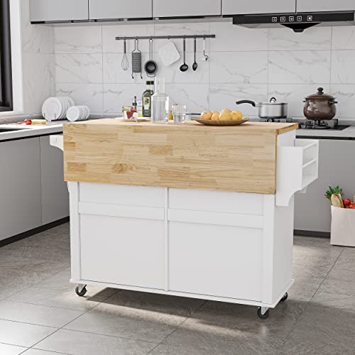 Kitchen Cart with Wood Top and Drop Leaf Breakfast Bar, Rolling Mobile Kitchen Island Table on Wheels with Drawer and Storage Cabinet, Spice Rack