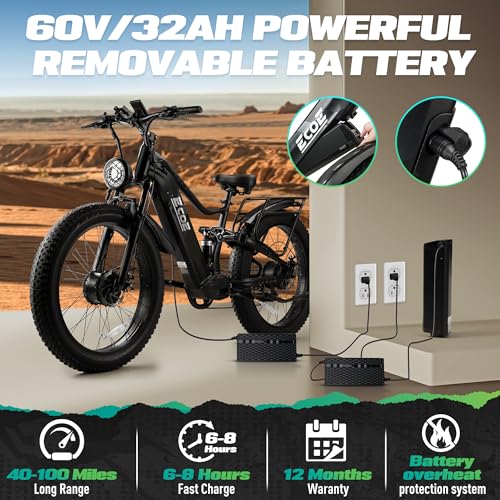 5000W Dual Motor Electric Bike for Adults 52MPH with 60V 32AH Battery, 26x4 Fat Tire All Terrain Ebikes, Full Suspension E Bike