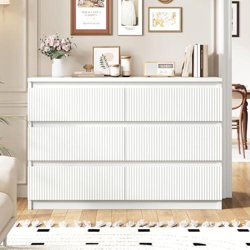White 6 Drawer Dresser for Bedroom, Modern Fluted Dresser with Deep Drawers, Large Double Wooden Chest of Drawers for Living Room, Hallway