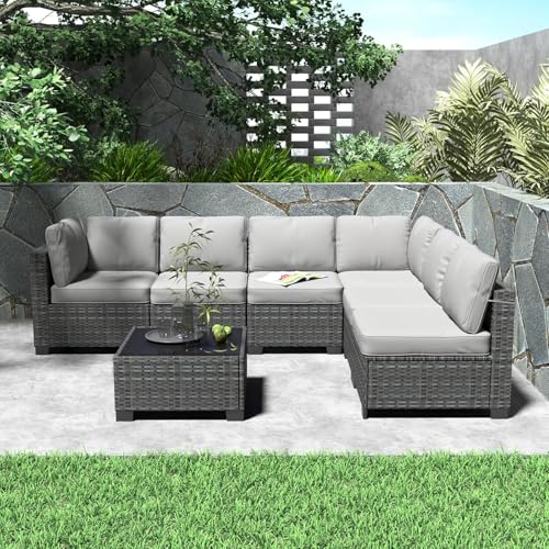 6 Piece Outdoor Patio Furniture Set with Coffee Table, Rattan Deck Conversation Sofa Set