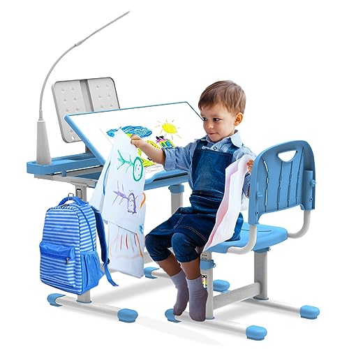 BELANITAS Kids Desk and Chair Set 5-8 Year Old, Desk for Kids Room 8-12, Height-Adjustable Children Desk with 40-Degree Tilted Desktop
