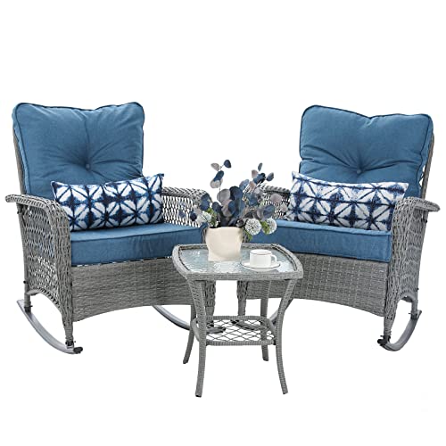 Patio Furniture Set 3 Pieces, Wicker Rocking Bistro Set with Thick Cushions, Outdoor Rocker Chairs and Coffee Table for Porch