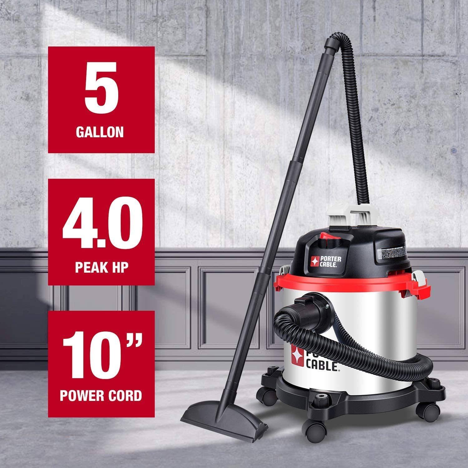 Porter-Cable 5 Gallon Wet Dry Vacuum, 4 Peak HP Stainless Steel 3 in 1 Shop VAC Blower with Powerful SUCTION, Multifunctional Sh