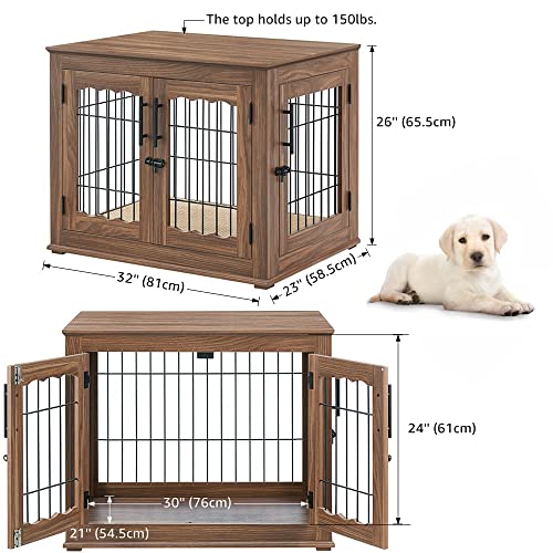 beeNbkks Furniture Style Dog Crate End Table, Double Doors Wooden Wire Dog Kennel with Pet Bed, Decorative Pet Crate Dog House Indoor Medium Large