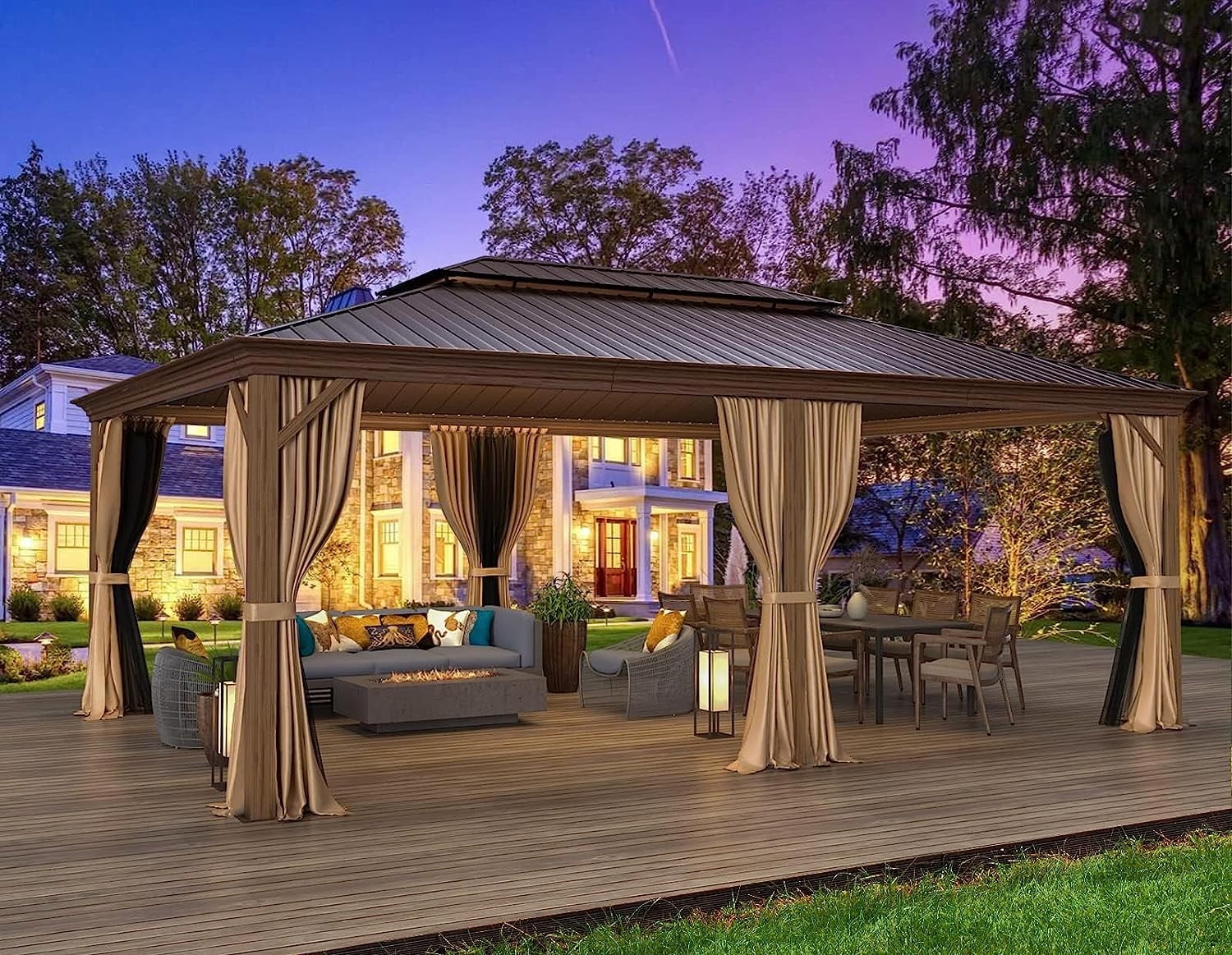 Erommy 14' x 20' Hardtop Gazebo, Wooden Finish Coated Aluminum Frame Canopy with Double Galvanized Steel Roof