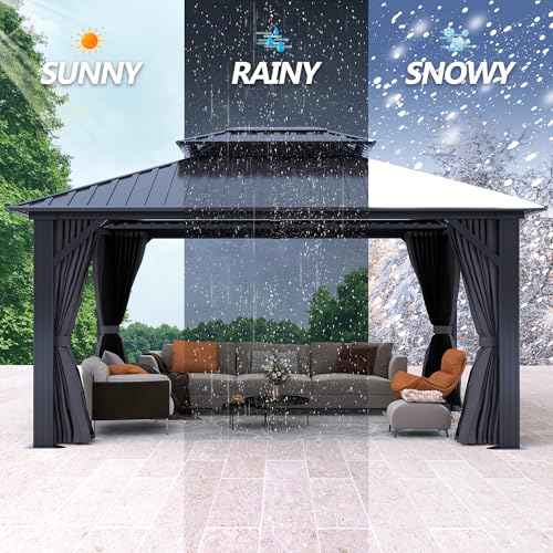 12'x12' Hardtop Gazebo, Outdoor Double Roof Galvanized Steel Gazebos, Aluminum Frame Permanent Pavilion with Curtains & Netting for Backyard, Patio
