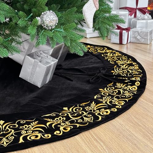 72-Inch Victorian Velvet Christmas Tree Skirt with Gold Damask Embroidery and Plush Lace Ties, Burgundy