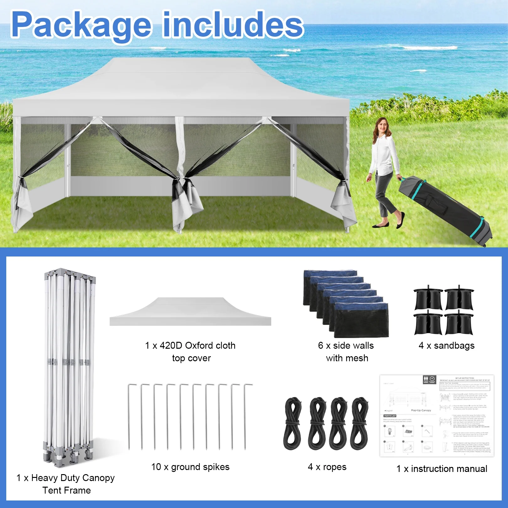 SANOPY 10' x 20' Gazebo Tent EZ Pop up Canopy Party Outdoor Instant Gazebo Shelter with 6 Removable Mosquito Side Walls & Carry Bag for Camping