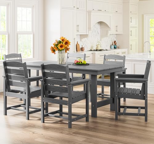 SERWALL Outdoor HDPE Dining Table Set, 7-Piece Outdoor Dining Table Sets with Umbrella Hole Cut-Out Table and 6 Chairs, Gray